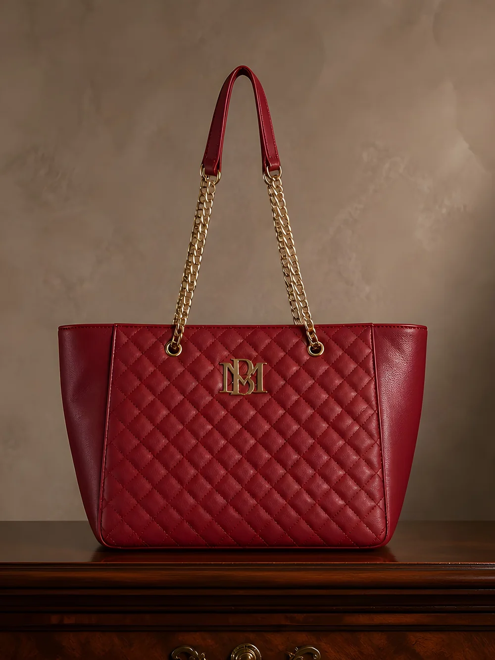Badgley Mischka Red Quilted Tote with Gold Chain Handles